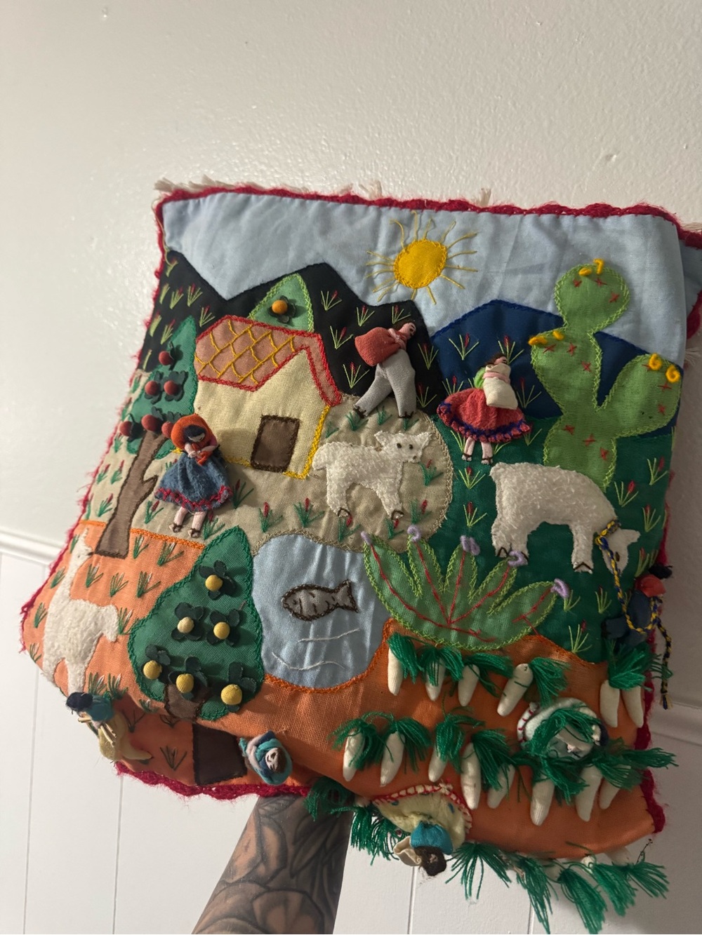 VINTAGE Made in bolivia  Hand-Embroidered Folk Art Wool Pillow